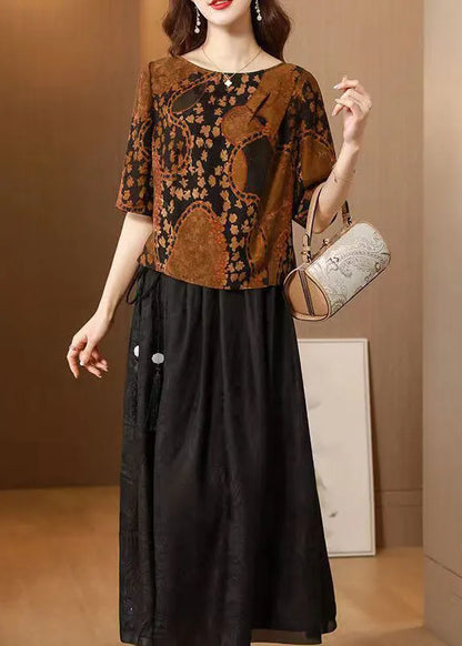 Chocolate O-neck Print Silk Tops and Skirts Two Pieces Set Summer
