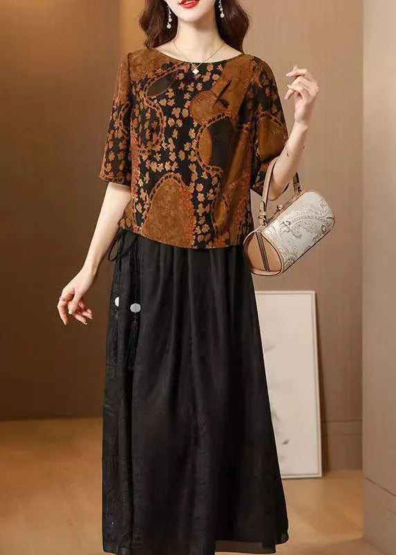 Chocolate O-neck Print Silk Tops and Skirts Two Pieces Set Summer