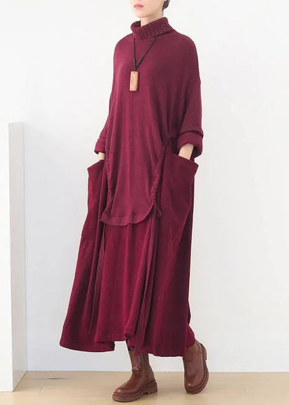 Long Sleeve Sweater High Neck Weather Moda Red Art Sweater Dresses