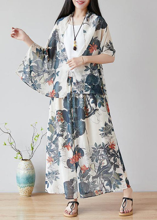 Chinese Style Nude Color Printing Retro Loose Large Size Chiffon Skirt Pants Wide Leg Pants Skirt + Shawl