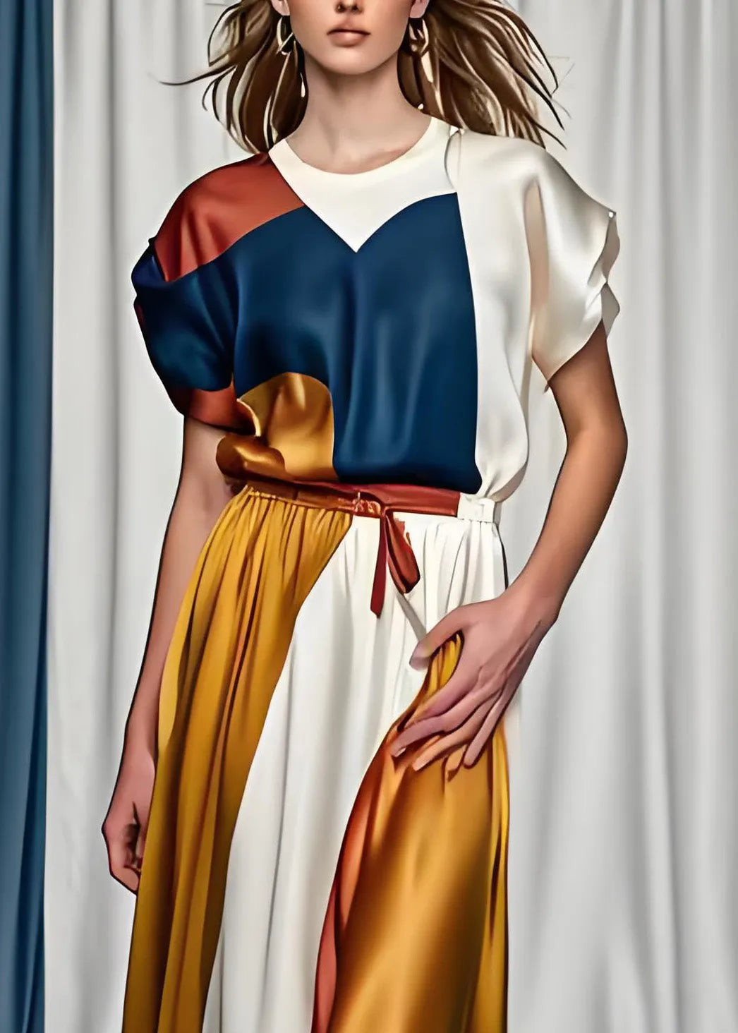 Boutique Colorblock O Neck Tops and Skirts Silk Two Pieces Set Summer