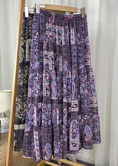 Purple Print High Waist Draping a Line Skirts Spring