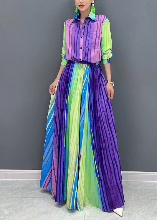 Fine Purple Peter Pan Collar Striped Shirts and Maxi Skirts Two Pieces Set Fall