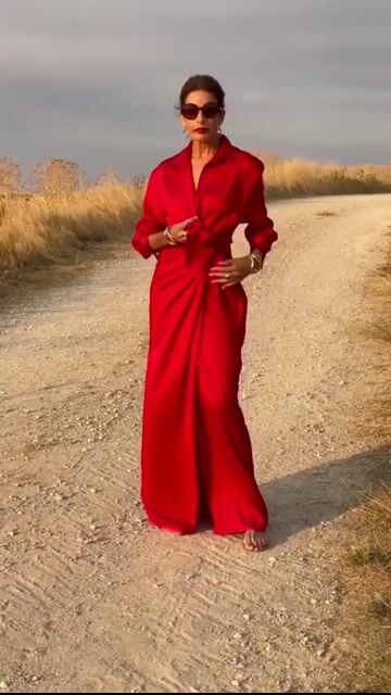 Red Peter Pan Collar Tie Waist Silk Long Dress Spring