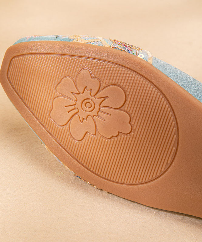 Light Blue Satin Embroideried Shoes Splicing Wedge Pointed Toe