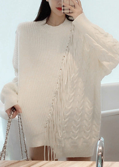 White Asymmetrical Patchwork Thick Cotton Knit Sweaters Spring