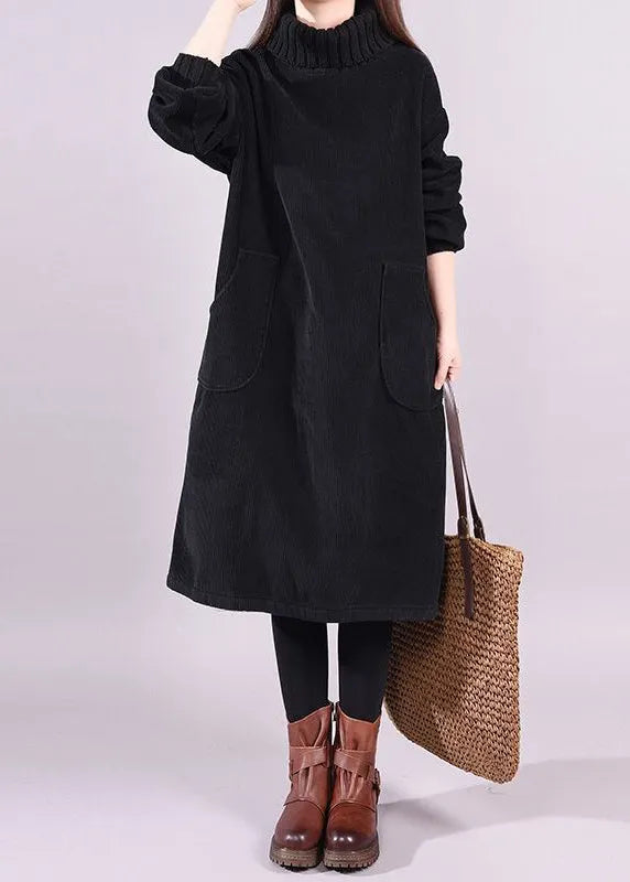 Black Turtle Neck Patchwork Warm Fleece Corduroy Dress Long Sleeve