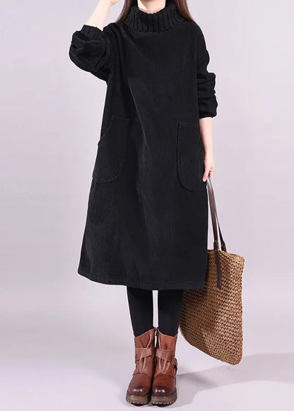 Black Turtle Neck Patchwork Warm Fleece Corduroy Dress Long Sleeve