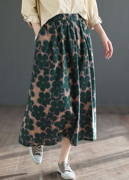Green Wrinkled Pockets Print Patchwork Cotton Skirts Summer