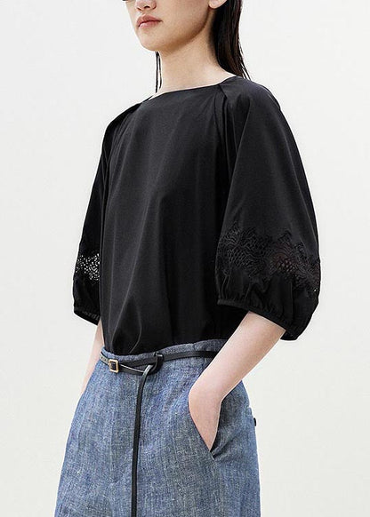 Black Slash Neck Patchwork Lace Blouses Half Sleeve
