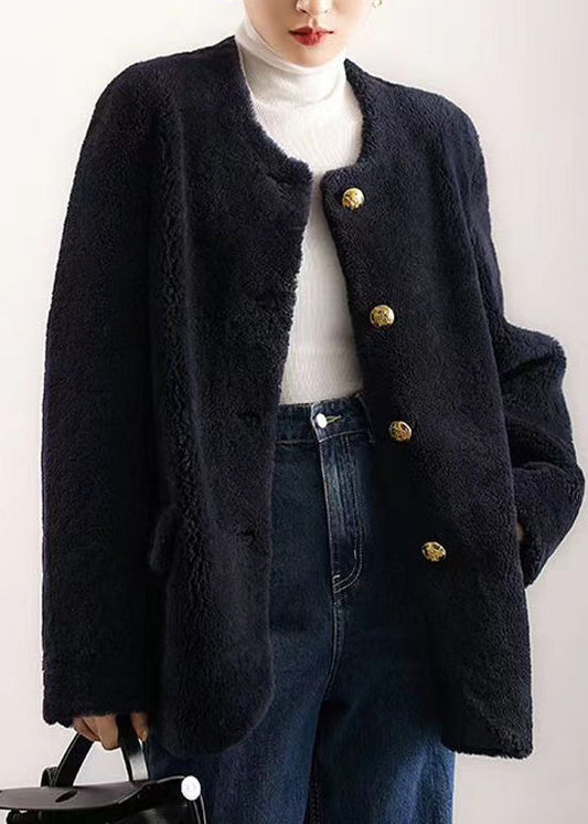 Navy O Neck Pockets Button Patchwork Wool Coat Winter