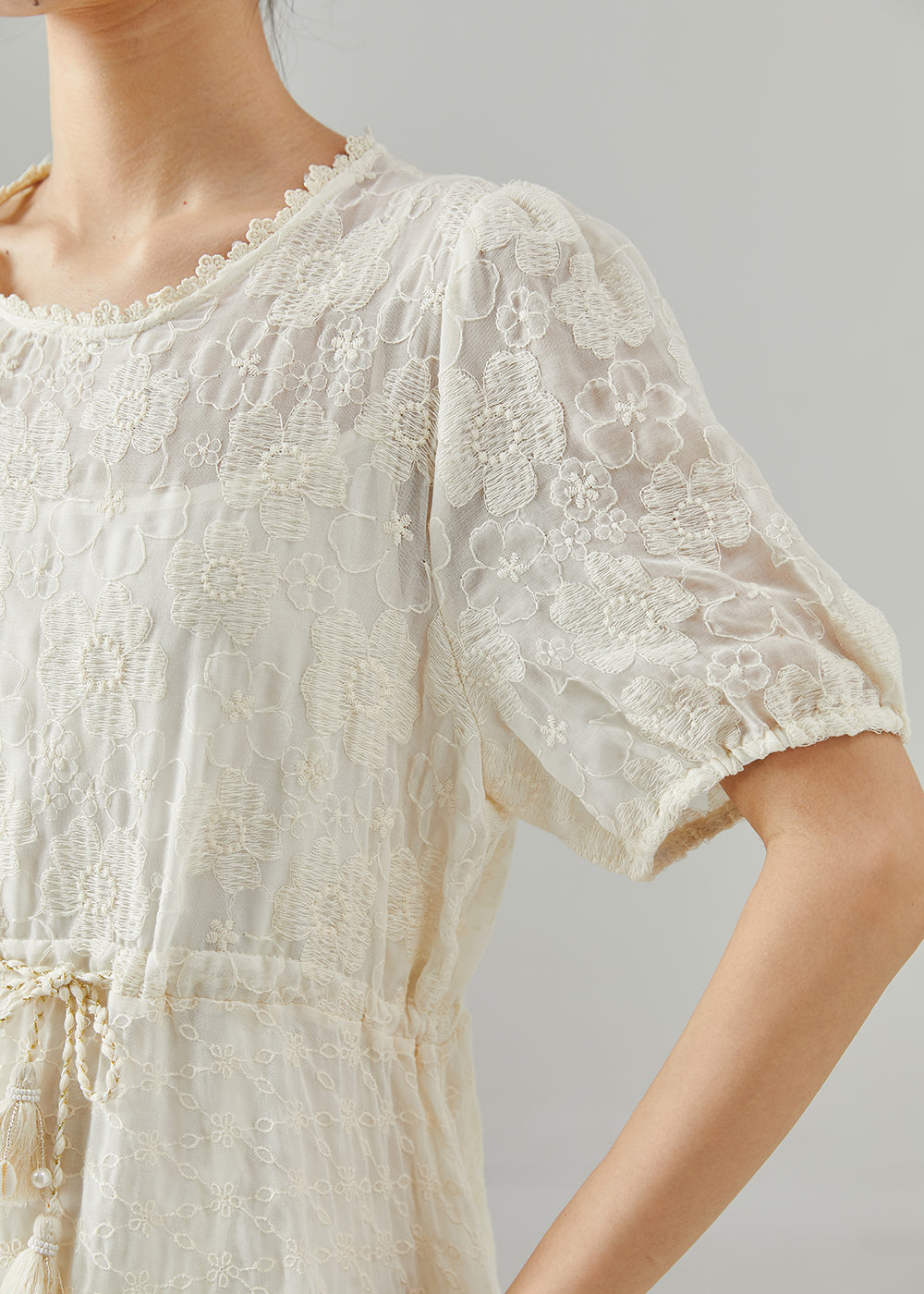 Beige Embroidered Cotton Cinched Dress Summer