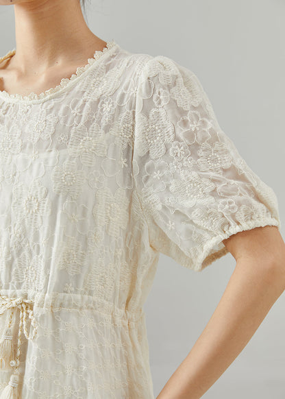 Beige Embroidered Cotton Cinched Dress Summer