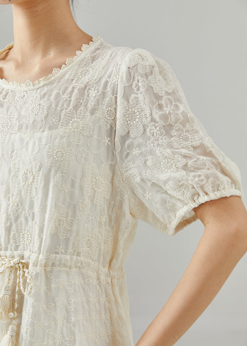 Beige Embroidered Cotton Cinched Dress Summer
