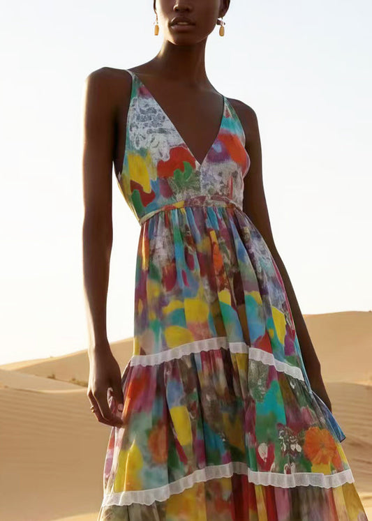 Apricot Print Patchwork Lace Chiffon Sundress Summer