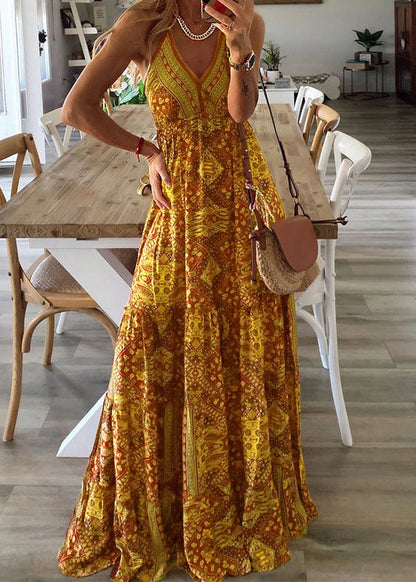 Green V Neck Print Holiday Long Spaghetti Strap Dress Sleeveless