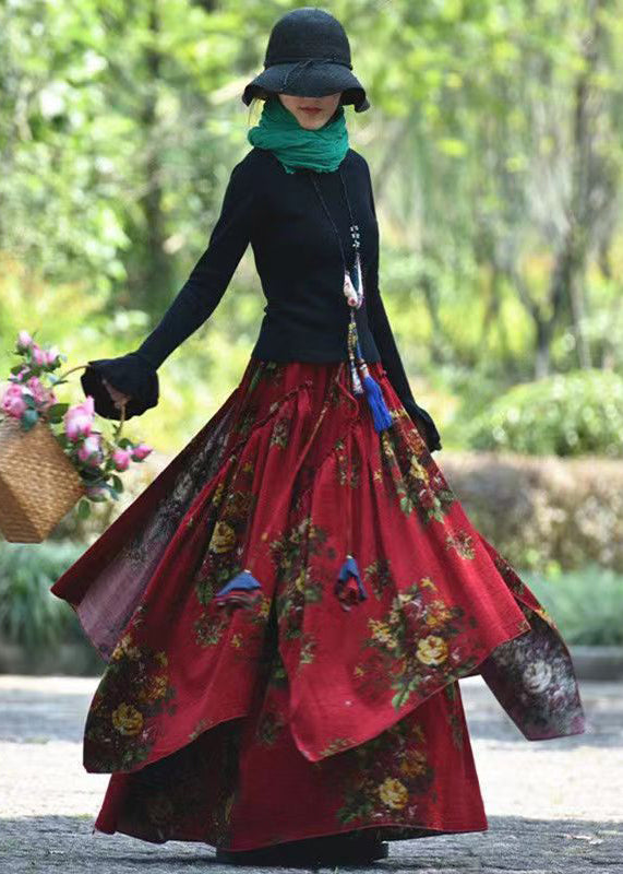 Red Wrinkled Asymmetrical Print Corduroy Skirts Spring