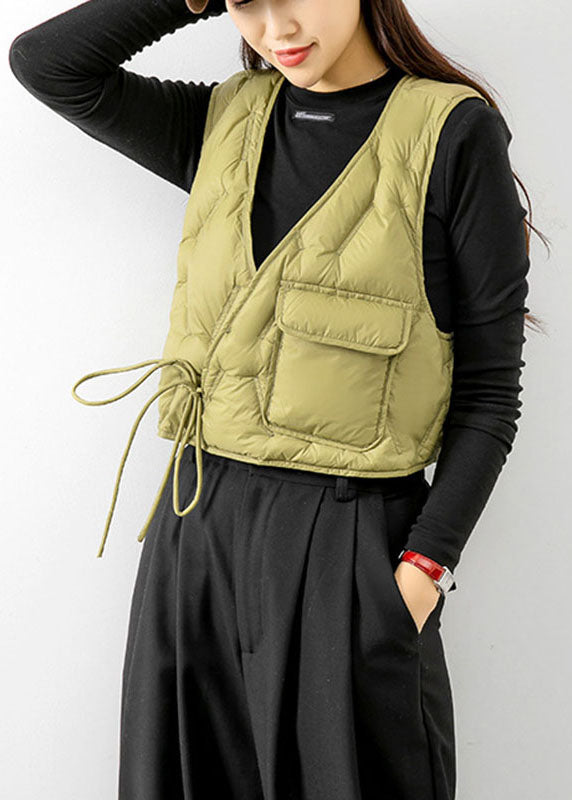 Light Green V Neck Tie Waist Winter Sleeveless Down Vest