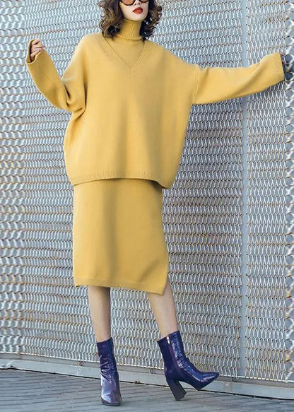 Autumn New Temperament Yellow High Collar Long-sleeved Sweater Suit Skirt Two-piece