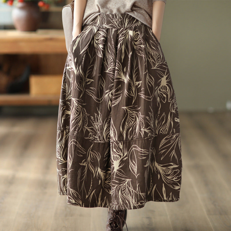 Printed Cotton and Linen Slim Elastic Waist A-line Skirt