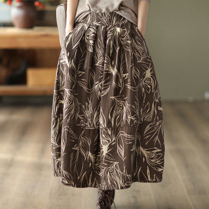 Printed Cotton and Linen Slim Elastic Waist A-line Skirt