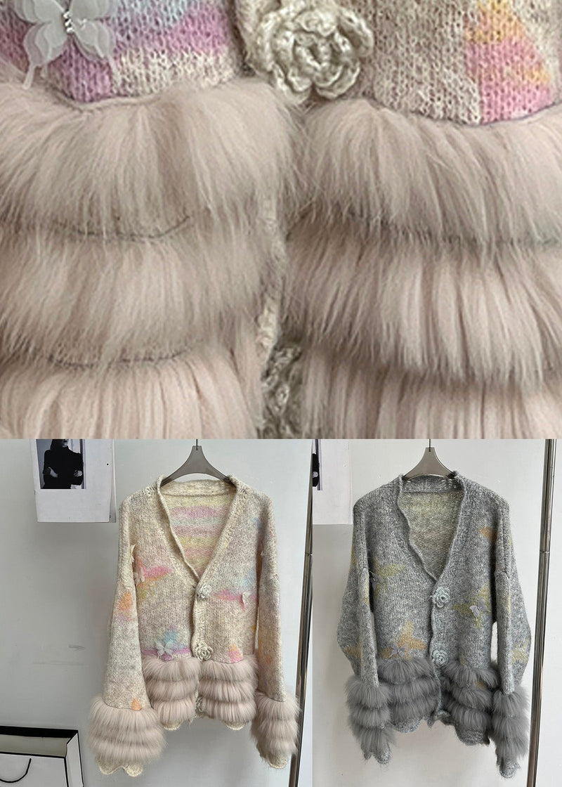 Modern Light Grey V Neck Fur Cotton Knit Cardigans Fall