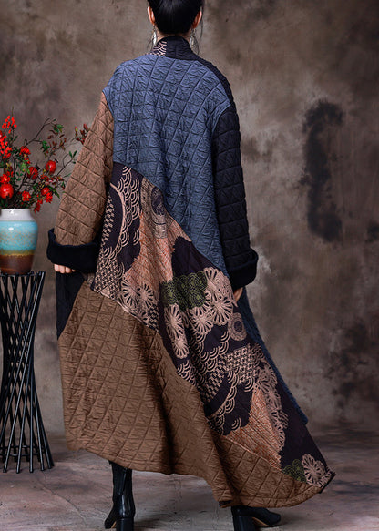 Retro Coffee Patchwork Black Colour V Neck Asymmetrical Button Pockets Print Cotton Thick Maxi Coat Long Sleeve