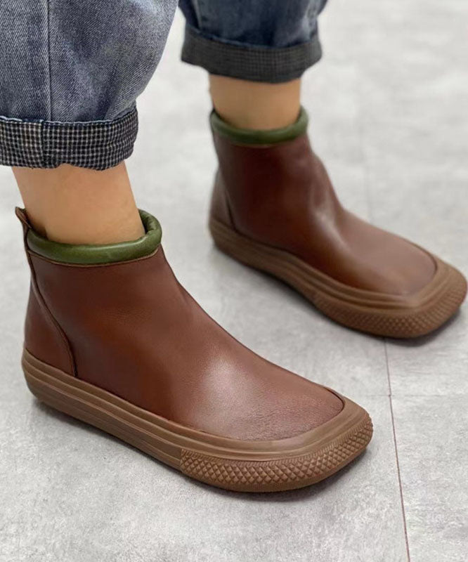 Coffee Zippered Boots Cowhide Leather Ankle Boots