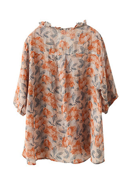 V Neck Print Ruffled Linen Tops Half Sleeve