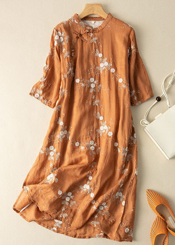 Orange Embroidered Chinese Button Patchwork Linen Dress Summer