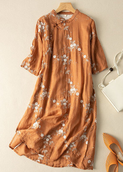 Orange Embroidered Chinese Button Patchwork Linen Dress Summer