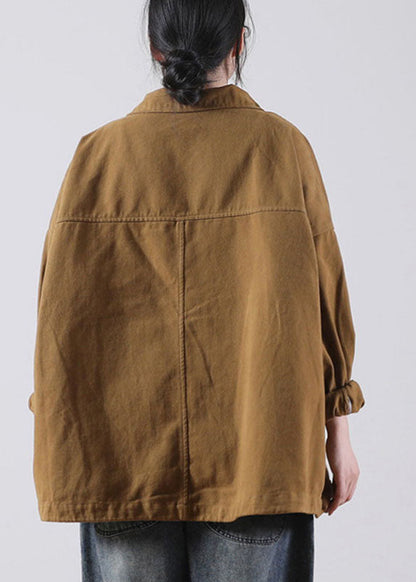Organic Brown Peter Pan Collar Button Patchwork Fall Coat Long Sleeve