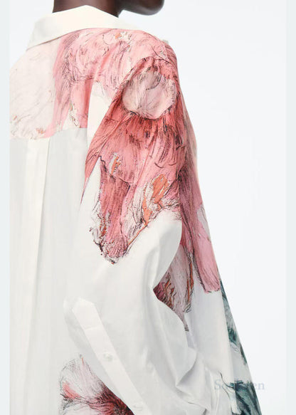 White Oversized Print Cotton Long Shirts Dresses Fall