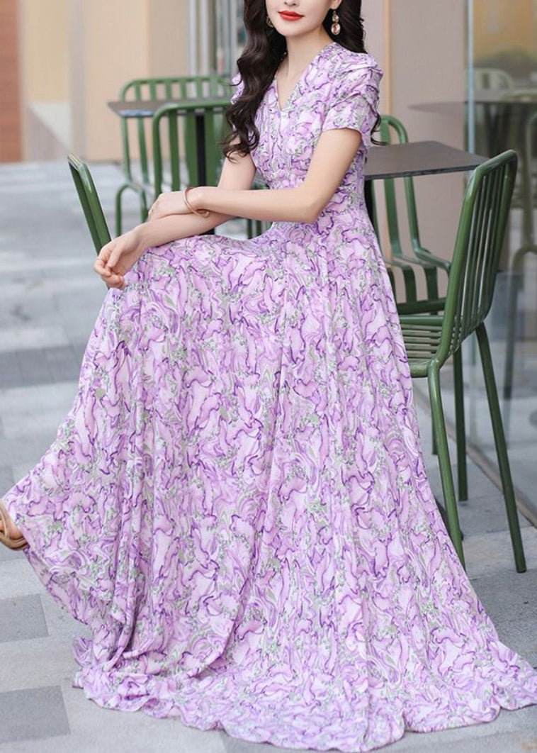 Purple V Neck Print Wrinkled Chiffon Dress Summer