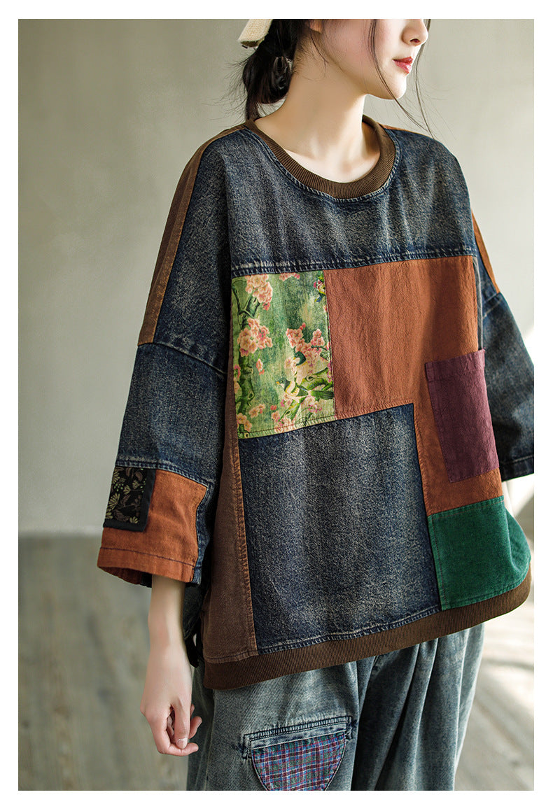 Print Denim Panel Doll Sleeve T-shirt