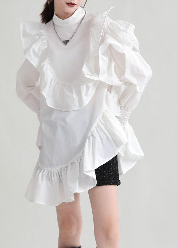 White Patchwork Cotton Shirt Top Ruffled Color Fall