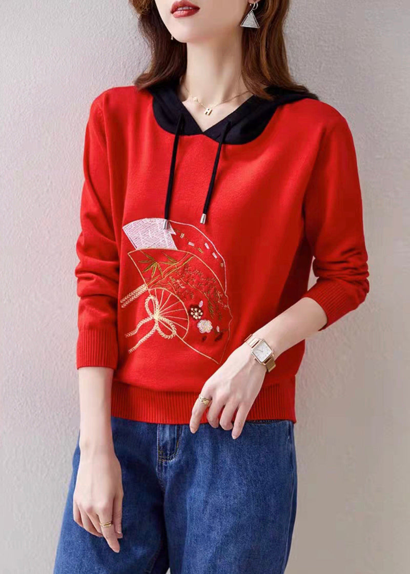 Red Hooded Embroidered Patchwork Knit Top Fall
