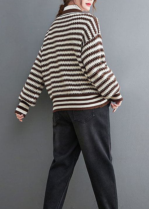 Coffee V Neck Striped Cozy Knit Coat Outwear Spring