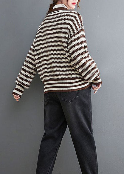 Coffee V Neck Striped Cozy Knit Coat Outwear Spring