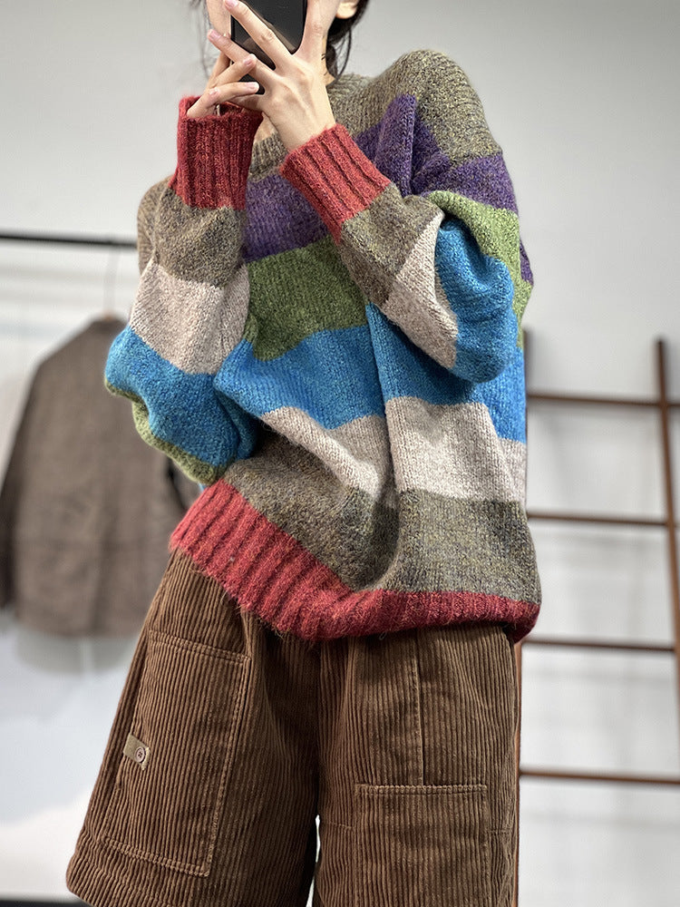Rainbow Striped Knit Insulated Crewneck Sweater