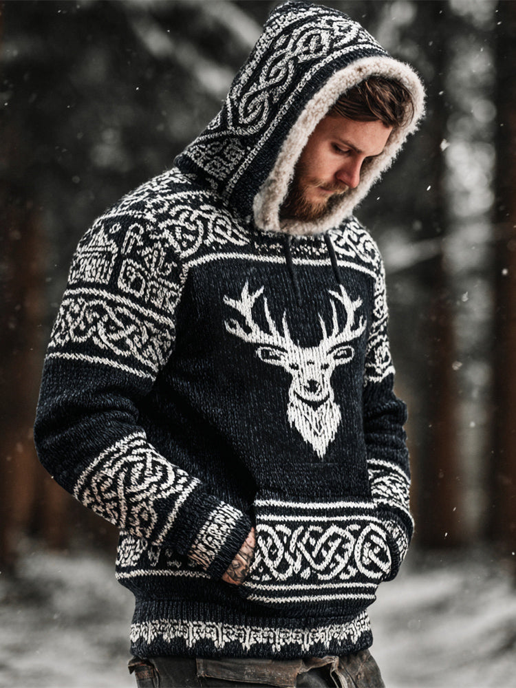 Comstylish Celtic Knot & Christmas Elk Men's Fur Trim Hooded Sweater