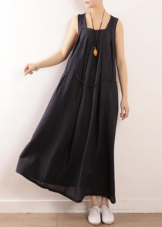 Dark Blue Linen Cotton Robes Fine Sewing Sleeveless Drawstring Maxi Summer Dresses