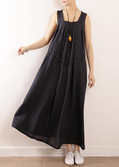 Dark Blue Linen Cotton Robes Fine Sewing Sleeveless Drawstring Maxi Summer Dresses
