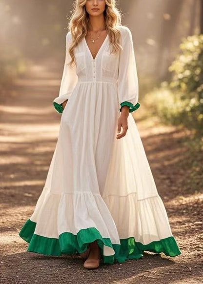 White Patchwork Exra Large Hem Cotton Long Dress Spring