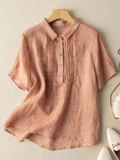 Color Short Sleeve Linen Pleated Top