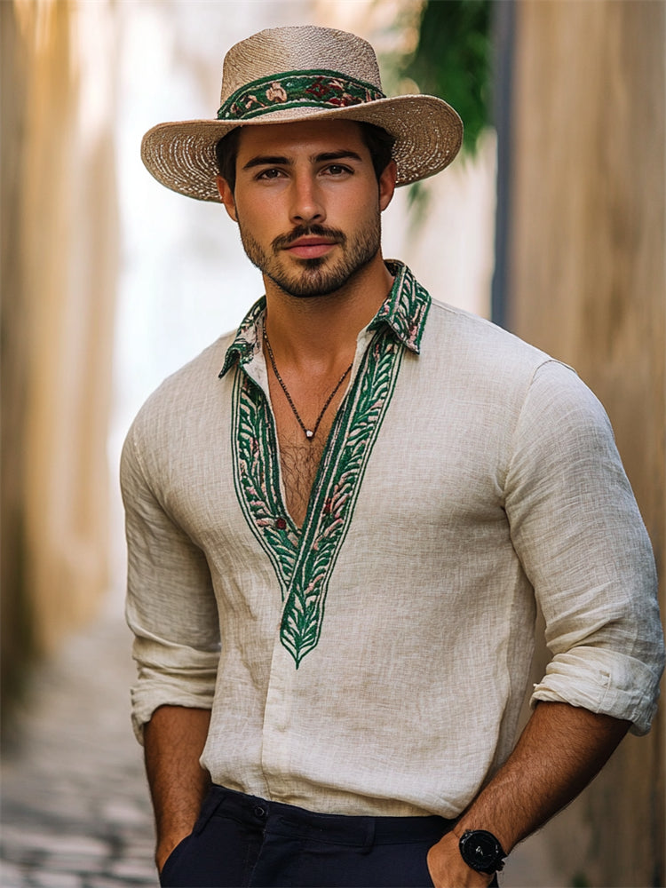 Men's Boho Tropical Embroidered Trim Linen Shirt elevenforest