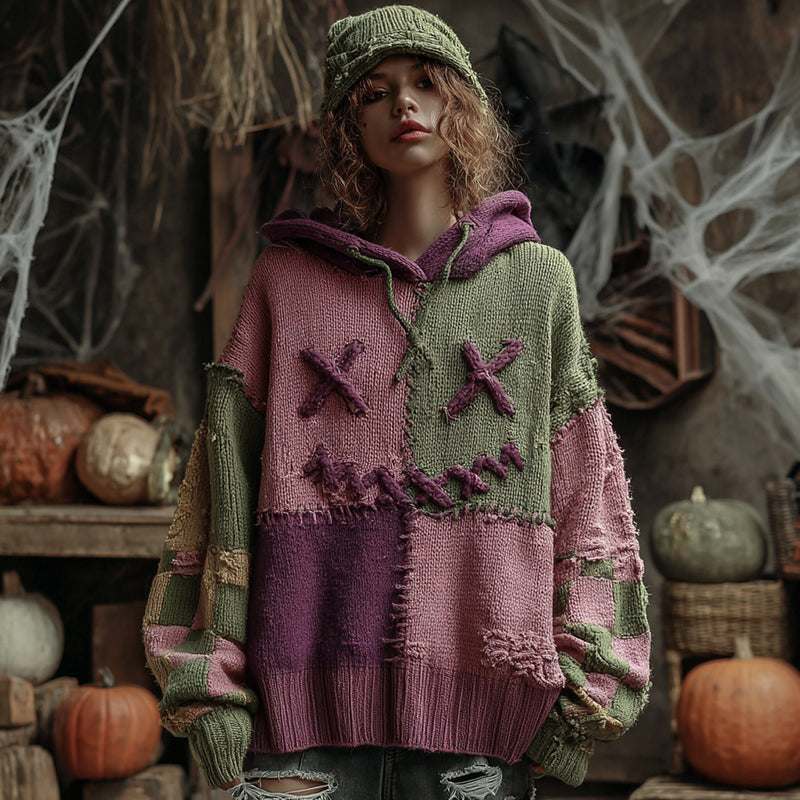 Halloween Faces Colorblock Patchwork Knitted Hooded Sweater artswardrobe