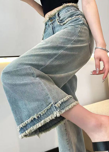 Blue Tasseled Pockets Denim Wide Leg Pants Spring