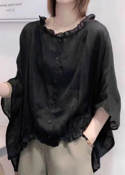 Purple Tops Ruffles Trim Half Sleeve Shirts Blouse
