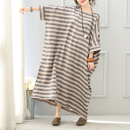 Gray Striped Long Linen Dresses Loose Fitting O Neck Gown Fine Batwing Sleeve Kaftans